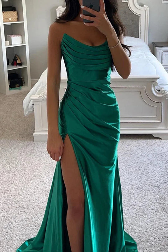 Glänzendes Satin Off-Shoulder Falten Spalte Abend Maxi Kleid - Arvani