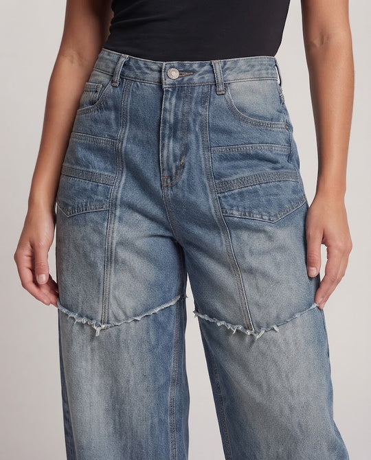 Damen Extraweite Patchwork-Denim-Palazzo-Hose mit tiefem Schritt und markanten Nahtpaneelen Nord Taschen
