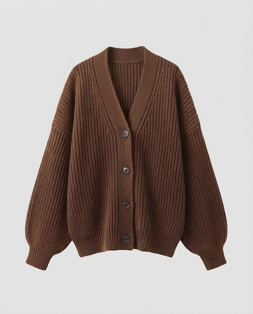 Damen Oversize-Rippstrick-Cardigan mit tiefem V-Ausschnitt, voluminösen Ärmeln und breiter Knopfleiste Nord Taschen