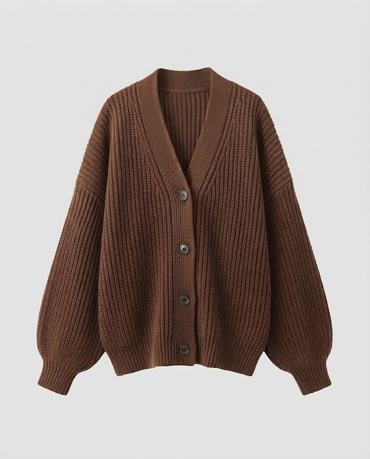 Damen Oversize-Rippstrick-Cardigan mit tiefem V-Ausschnitt, voluminösen Ärmeln und breiter Knopfleiste Nord Taschen
