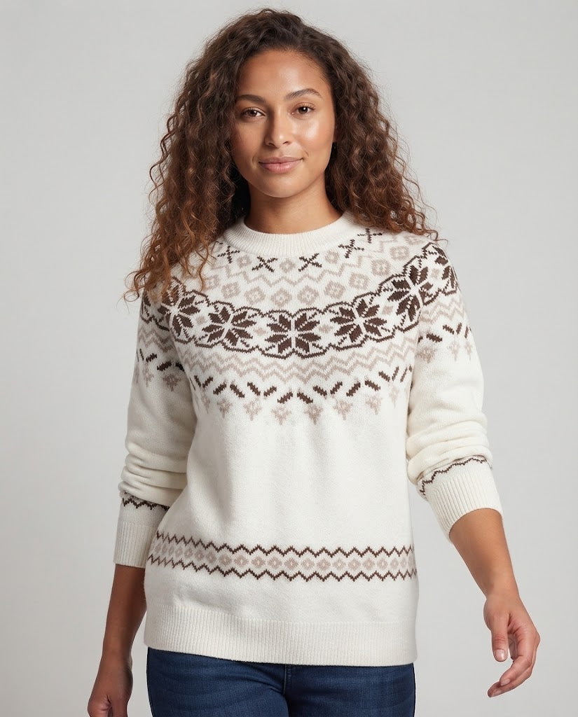 Damen Oversize Norwegerstrickpullover mit Jacquard‑Yoke und Rundhalsausschnitt Nord Taschen
