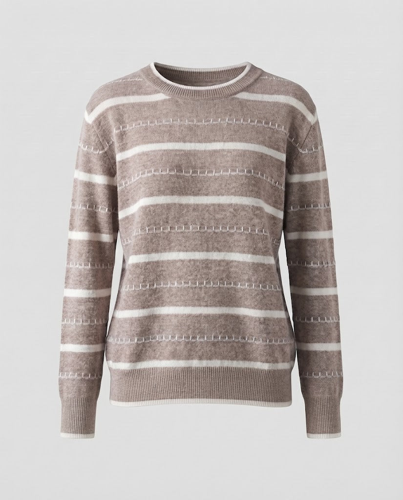 Damen Gestreifter Feinstrickpullover mit Ziernaht und Rundhalsausschnitt Nord Taschen