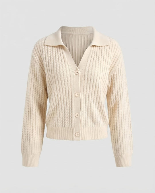 Damen Cropped Zopfstrick-Cardigan mit Hemdkragen und Ballonärmeln Nord Taschen