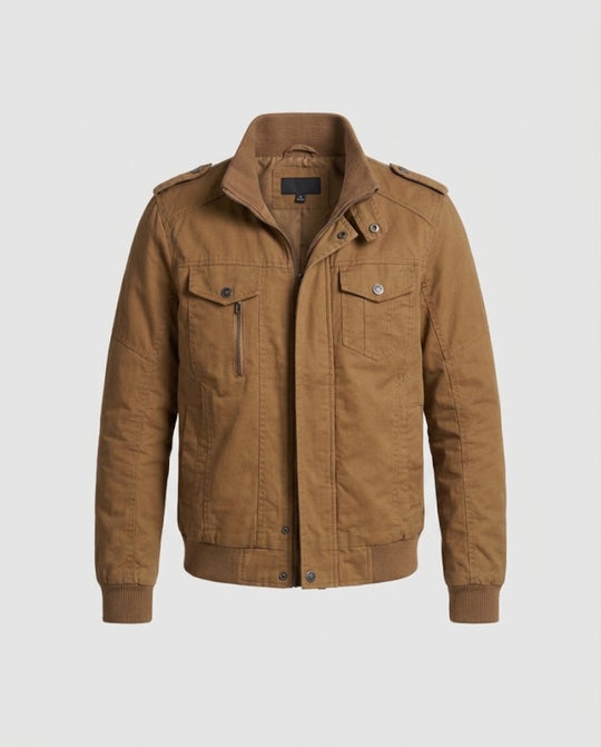 Herren Militärisch inspirierte Fieldjacke aus Baumwollcanvas mit Stehkragen und Schulterklappen Nord Taschen