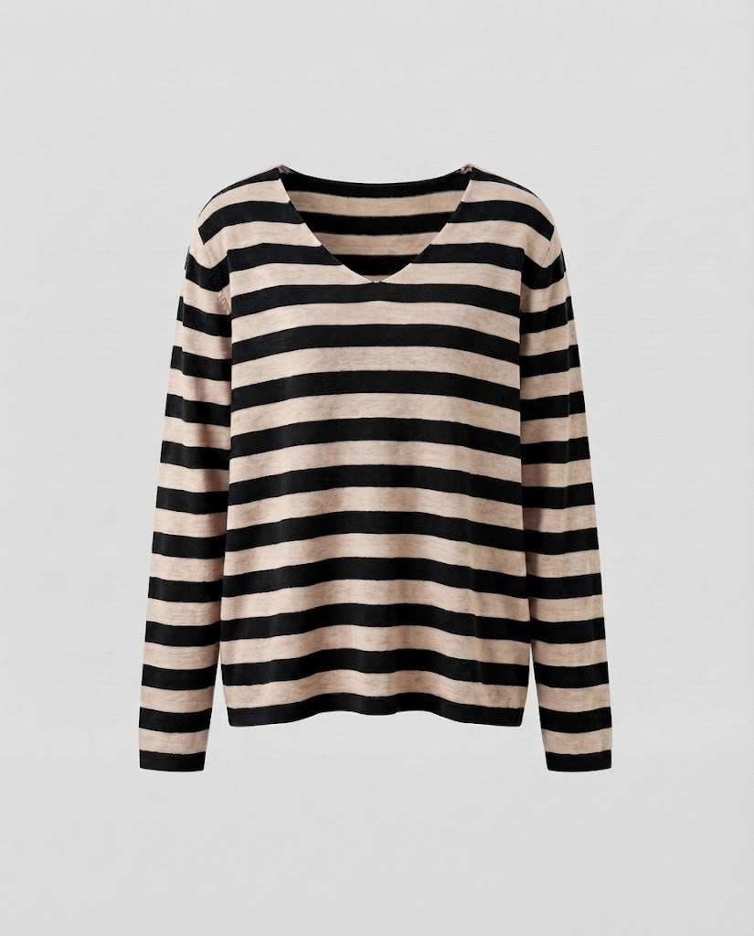 Damen Gestreifter Feinstrickpullover mit V‑Ausschnitt und lässiger Oversize‑Passform Nord Taschen