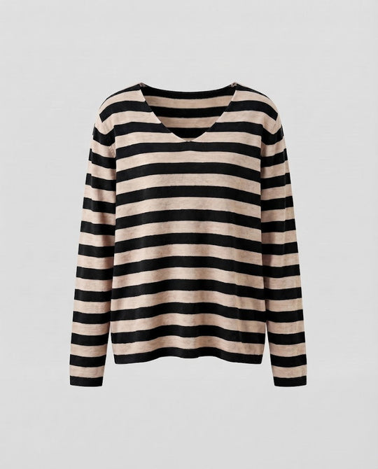 Damen Gestreifter Feinstrickpullover mit V‑Ausschnitt und lässiger Oversize‑Passform Nord Taschen