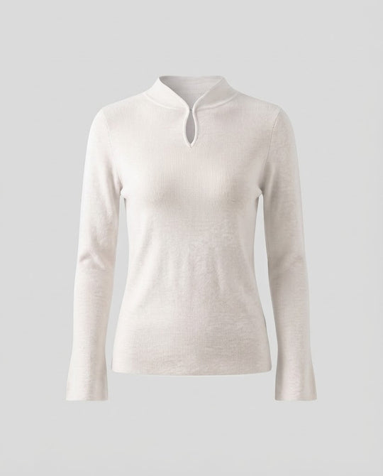 Damen Feinstrick-Longsleeve mit kurzem Stehkragen Schlitzknopf und ausgestelltem Ärmelsaum Nord Taschen