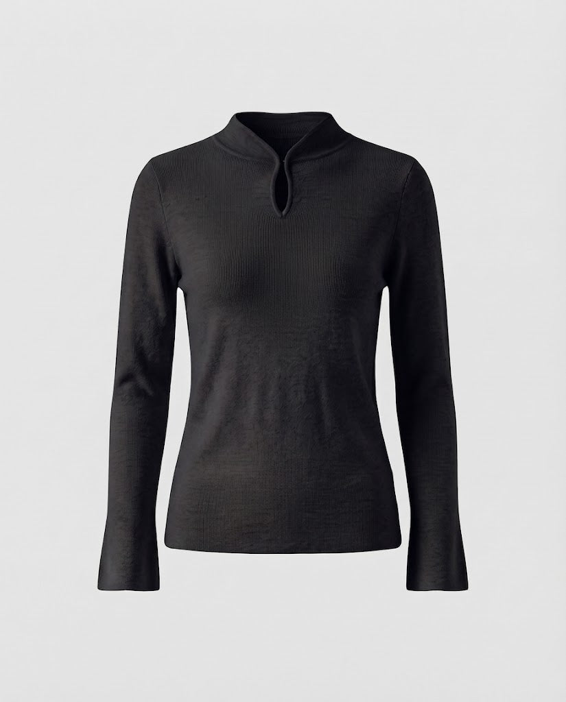 Damen Feinstrick-Longsleeve mit kurzem Stehkragen Schlitzknopf und ausgestelltem Ärmelsaum Nord Taschen