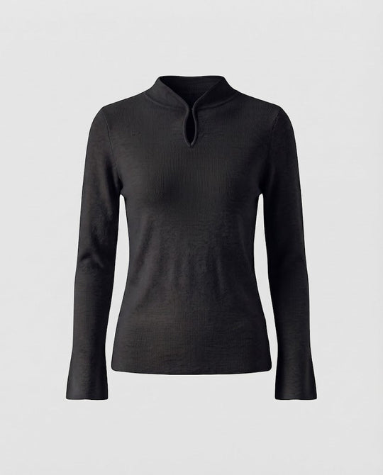 Damen Feinstrick-Longsleeve mit kurzem Stehkragen Schlitzknopf und ausgestelltem Ärmelsaum Nord Taschen