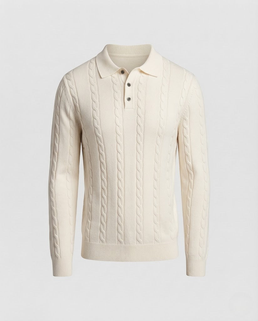 Herren Feinstrick-Polopullover mit Zopfstruktur, langer Ärmel und Knopfleiste Nord Taschen