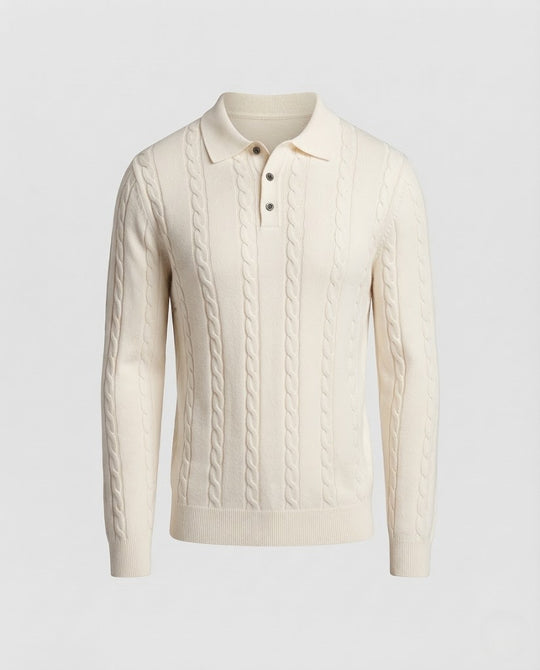 Herren Feinstrick-Polopullover mit Zopfstruktur, langer Ärmel und Knopfleiste Nord Taschen