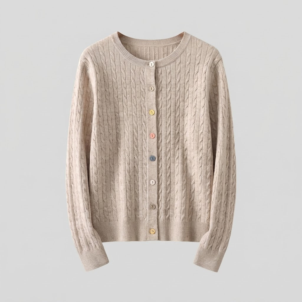 Damen Feinstrick-Cardigan mit Zopfmuster und bunten Knöpfen Nord Taschen