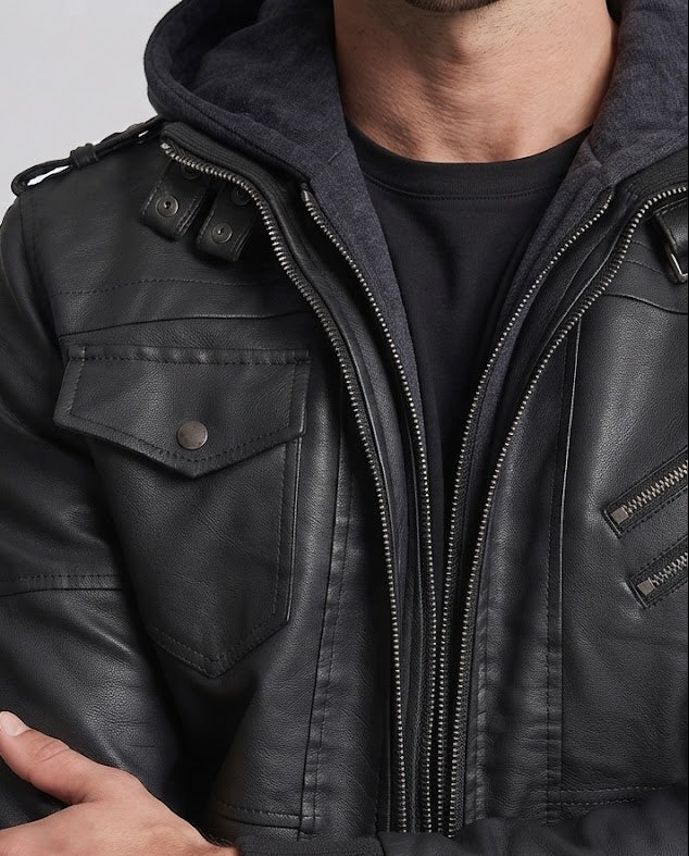 Herren lässige Kunstlederjacke mit Kapuze Nord Taschen