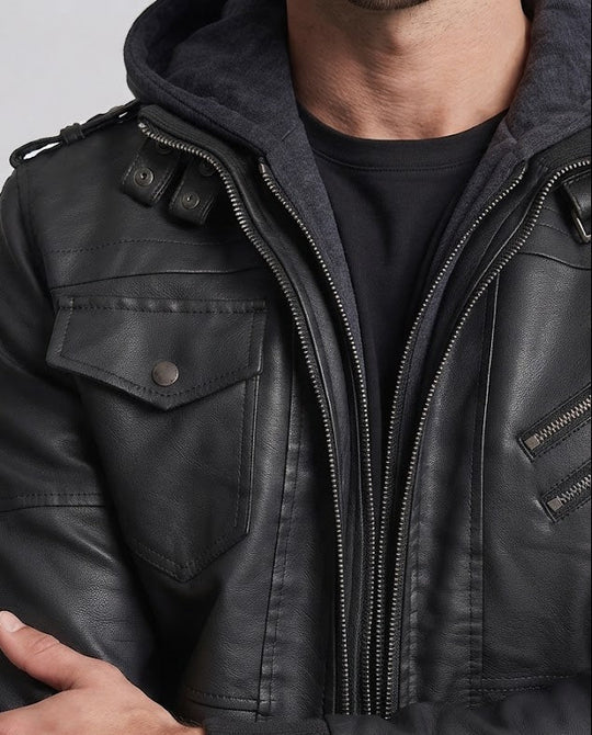 Herren lässige Kunstlederjacke mit Kapuze Nord Taschen