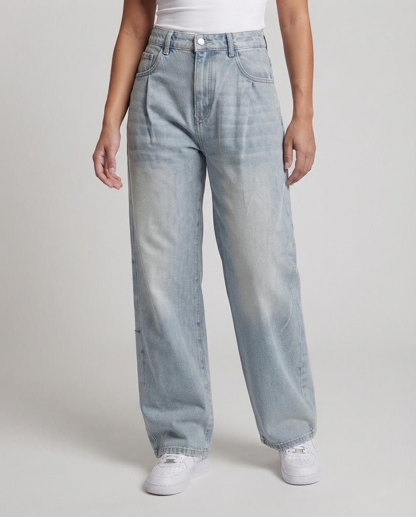 Damen Extraweite Denim-Palazzohose mit hoher Bundführung, Kellerfalten und ballonförmiger Beinweite Nord Taschen