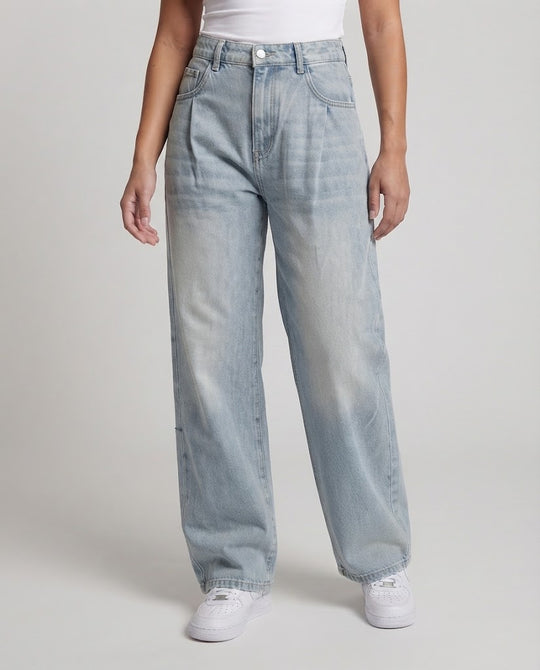 Damen Extraweite Denim-Palazzohose mit hoher Bundführung, Kellerfalten und ballonförmiger Beinweite Nord Taschen