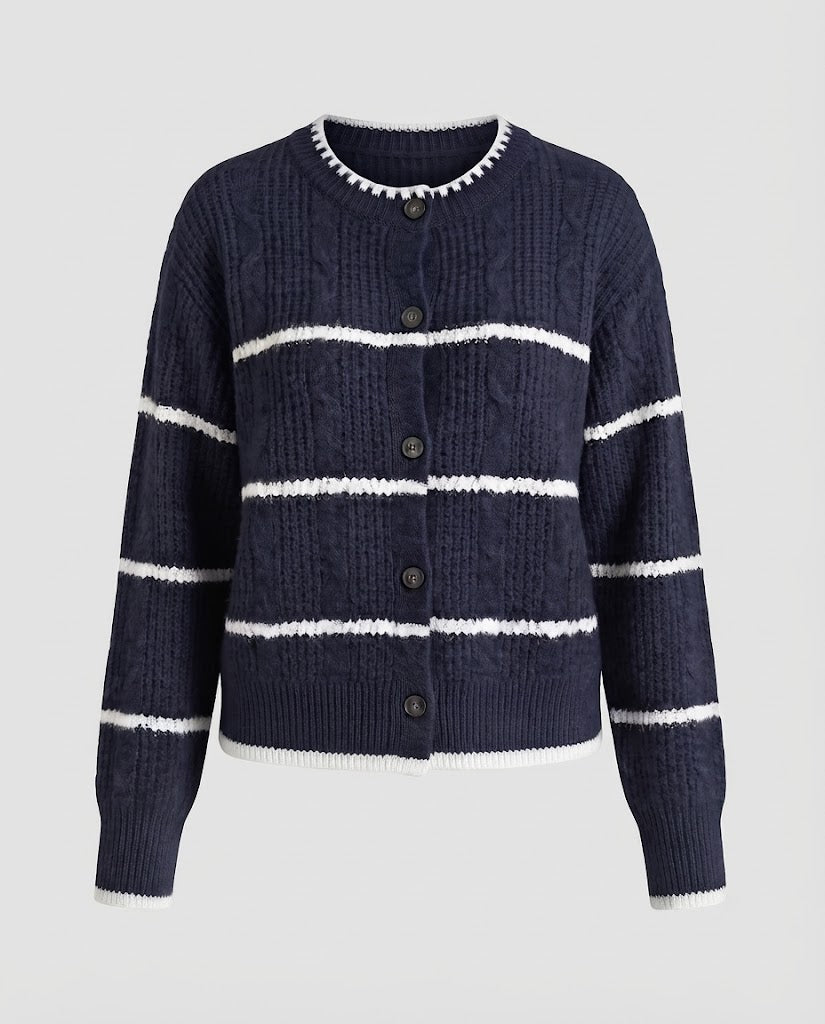 Damen Grobgestrickte Knopf-Cardigan mit Streifenstruktur und Rundhalsausschnitt Nord Taschen