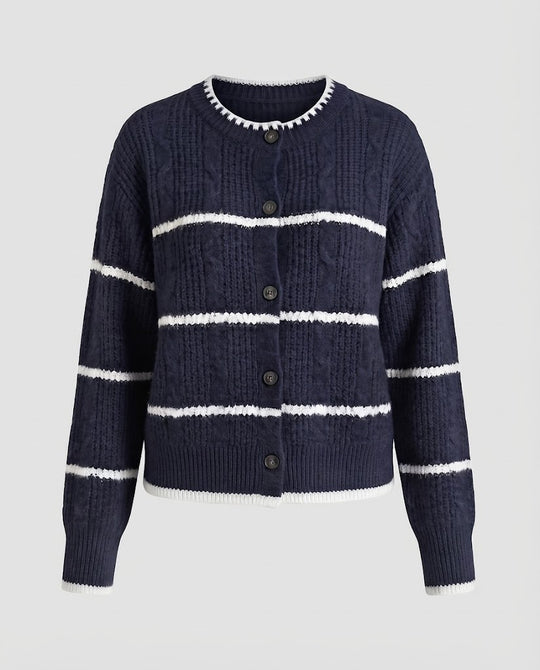 Damen Grobgestrickte Knopf-Cardigan mit Streifenstruktur und Rundhalsausschnitt Nord Taschen