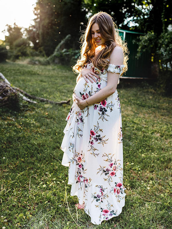 Schwangerschafts-Chaps, Midi-Kleider für Fotoshootings, Blumendruck, Bandeau-Kleid mit seitlichem Schlitz, Weiß
