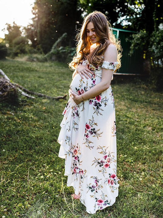Schwangerschafts-Chaps, Midi-Kleider für Fotoshootings, Blumendruck, Bandeau-Kleid mit seitlichem Schlitz, Weiß