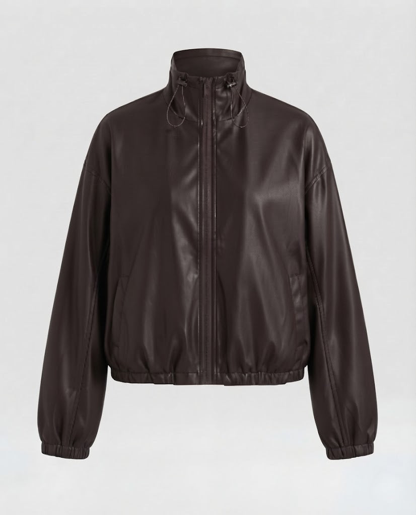Damen Oversized Kunstleder-Bomberjacke mit Stehkragen, Kordelzug und elastischem Saum Nord Taschen