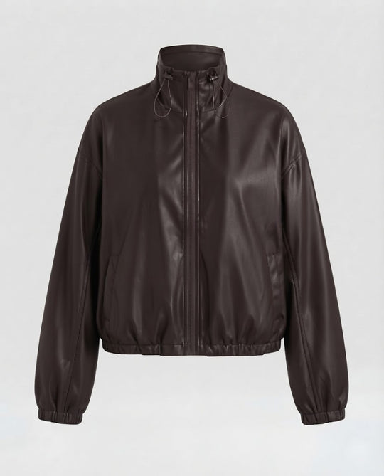 Damen Oversized Kunstleder-Bomberjacke mit Stehkragen, Kordelzug und elastischem Saum Nord Taschen