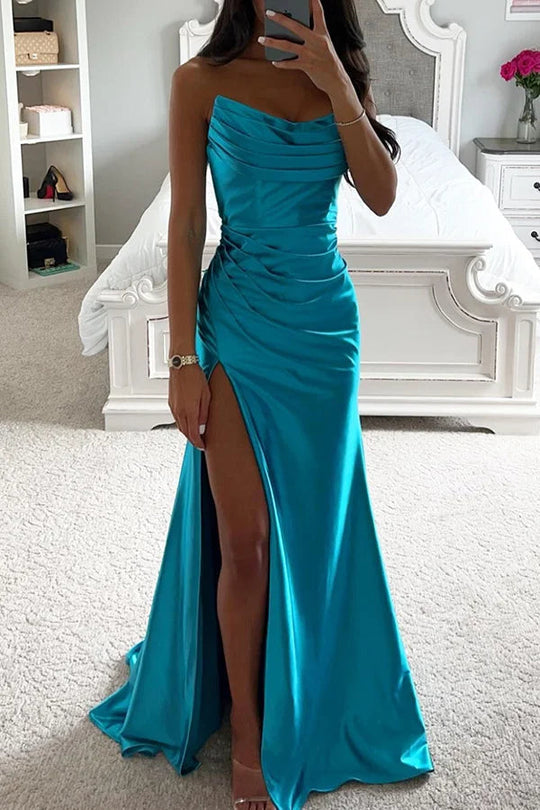 Glänzendes Satin Off-Shoulder Falten Spalte Abend Maxi Kleid - Arvani