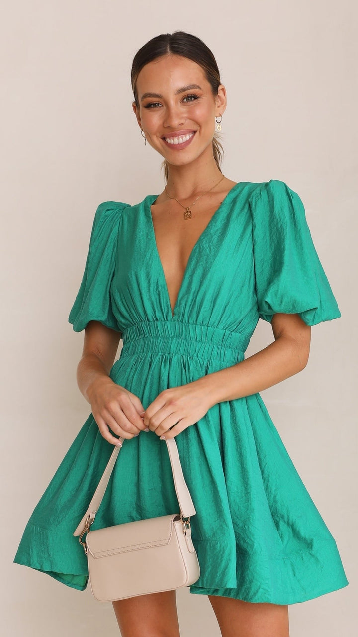 Minikleid mit V-Ausschnitt und Puffärmeln für Damen