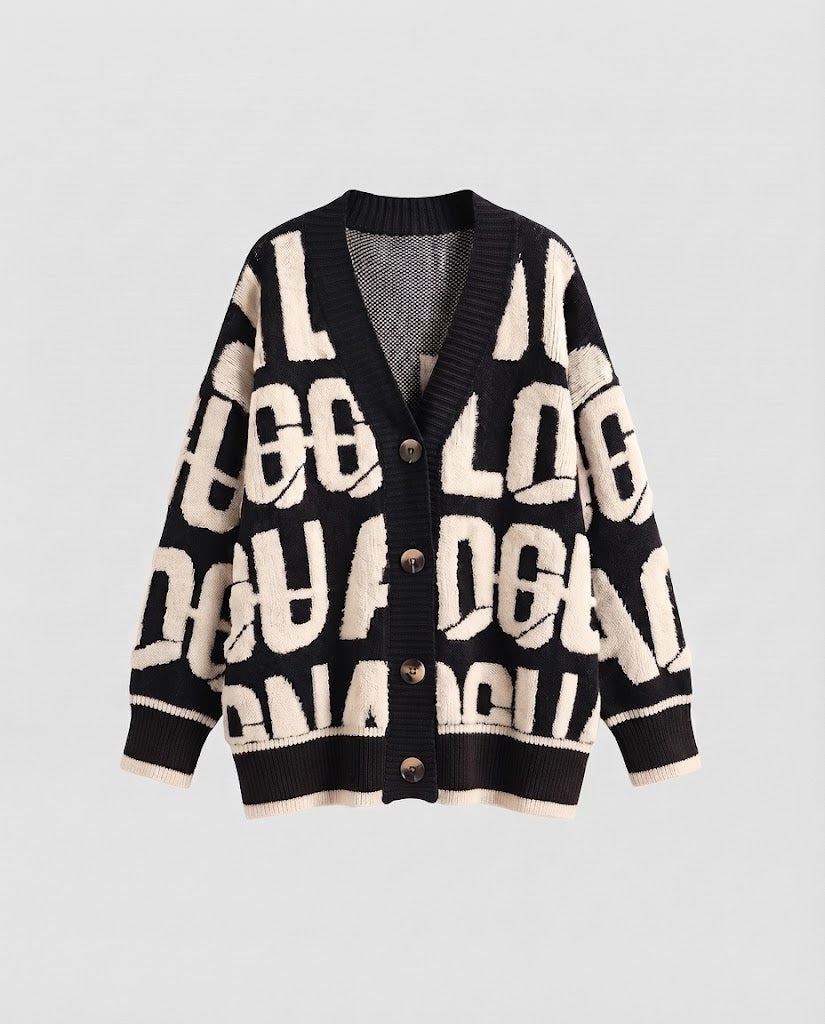 Damen Grobstrick-Cardigan im Lettering-Jacquard mit übergroßer Passform und V-Ausschnitt Nord Taschen