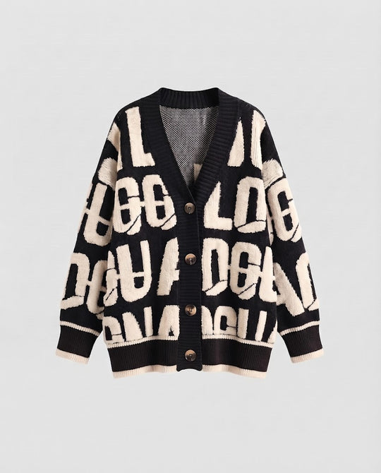 Damen Grobstrick-Cardigan im Lettering-Jacquard mit übergroßer Passform und V-Ausschnitt Nord Taschen