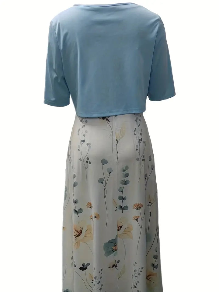 elegantes zweiteiliges Blumenkleid-Set mit einfarbigem Crop-Top und Kleid mit Rundhalsausschnitt