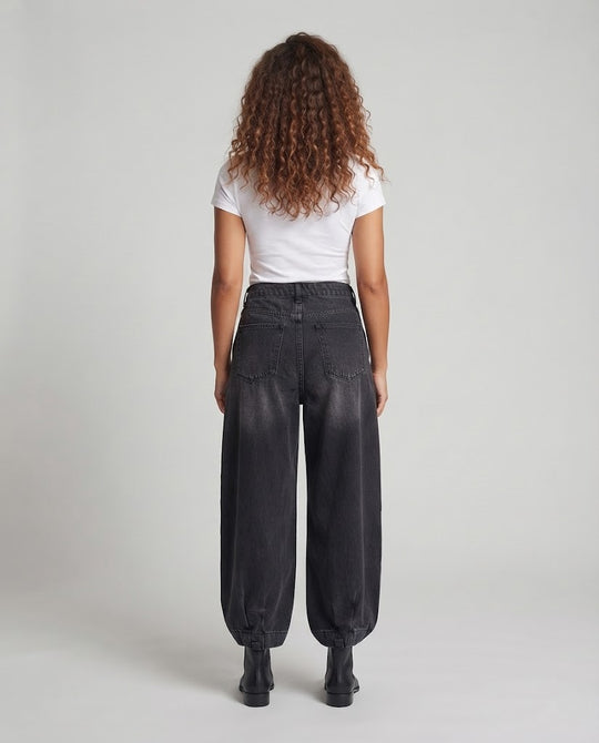 Damen Vintage-inspirierte hochtaillierte weite Denim-Palazzohose mit Kellerfalten und ballonförmiger Beinweite Nord Taschen