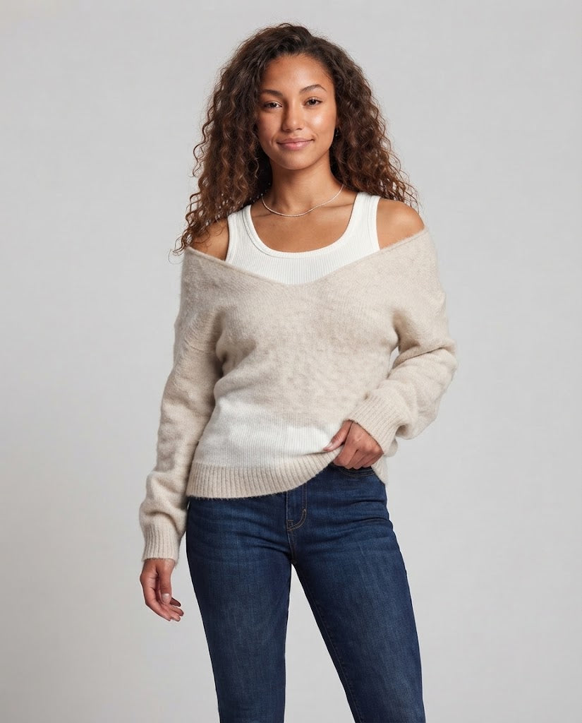 Damen Oversize Strickpullover mit Ein‑Schulter‑Layering und flauschiger Mohairoptik Nord Taschen