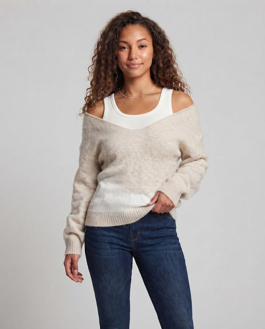 Damen Oversize Strickpullover mit Ein‑Schulter‑Layering und flauschiger Mohairoptik Nord Taschen