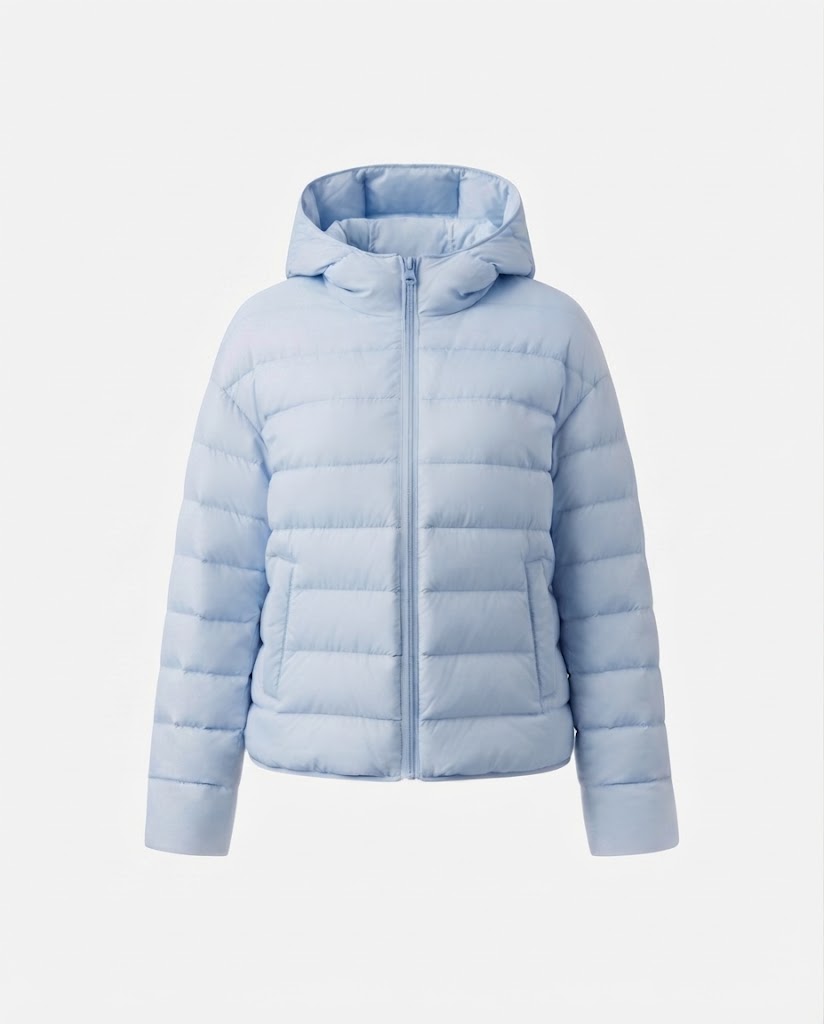 Damen nan minimalistischer kurzer thermo gesteppter Jacke mit ergonomischer Kapuze, maßgeschneidertem Nahtdesign und winddichtem Außenmaterial