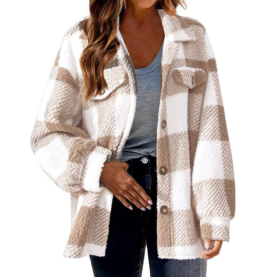 Karo-Jacke aus Lammfleece-Imitat mit Taschen