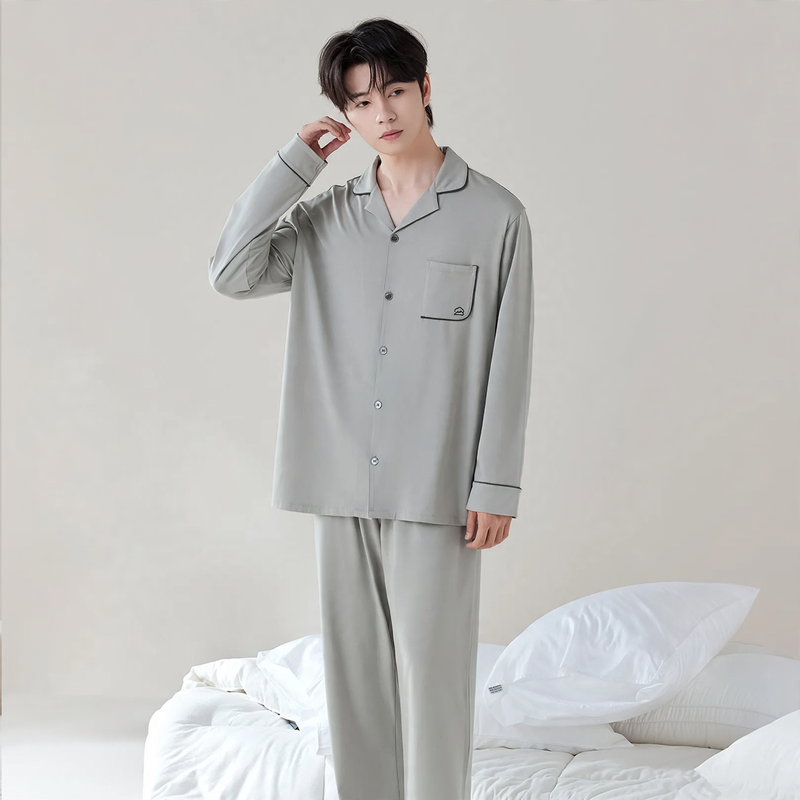 Lyocell-Baumwoll-Schlafanzug, Unisex, V-Ausschnitt