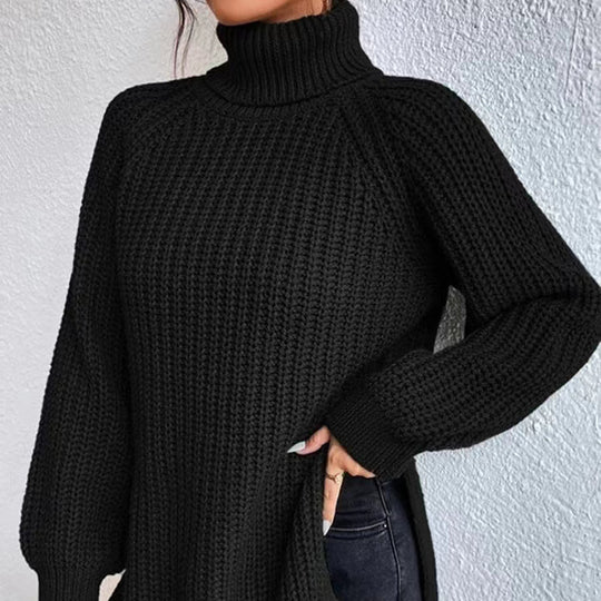 Damen-Strickpullover, mittellang mit hohem Kragen
