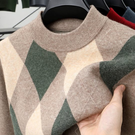 Herren-Wollpullover, kariert, Stehkragen, extra warm