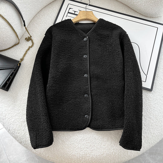 Warme Lammfleece-Strickjacke mit Rundhalsausschnitt für Damen
