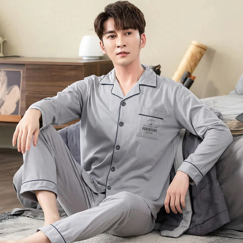 Herren-Pyjama-Set, 100% Baumwolle, langärmelig, geknöpft