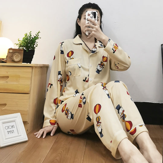 Damen-Pyjama-Set, langärmelig, geknöpft, verspieltes Design