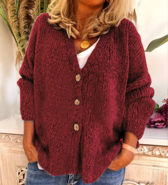 Strickjacke Lockere Passform Grobstrick V-Ausschnitt mit Knöpfen