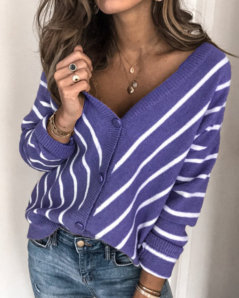 Nord Taschen | Cardigan Strickweiche Qualität V-Ausschnitt Knopfverschluss Gestreiftes Design Lange Ärmel