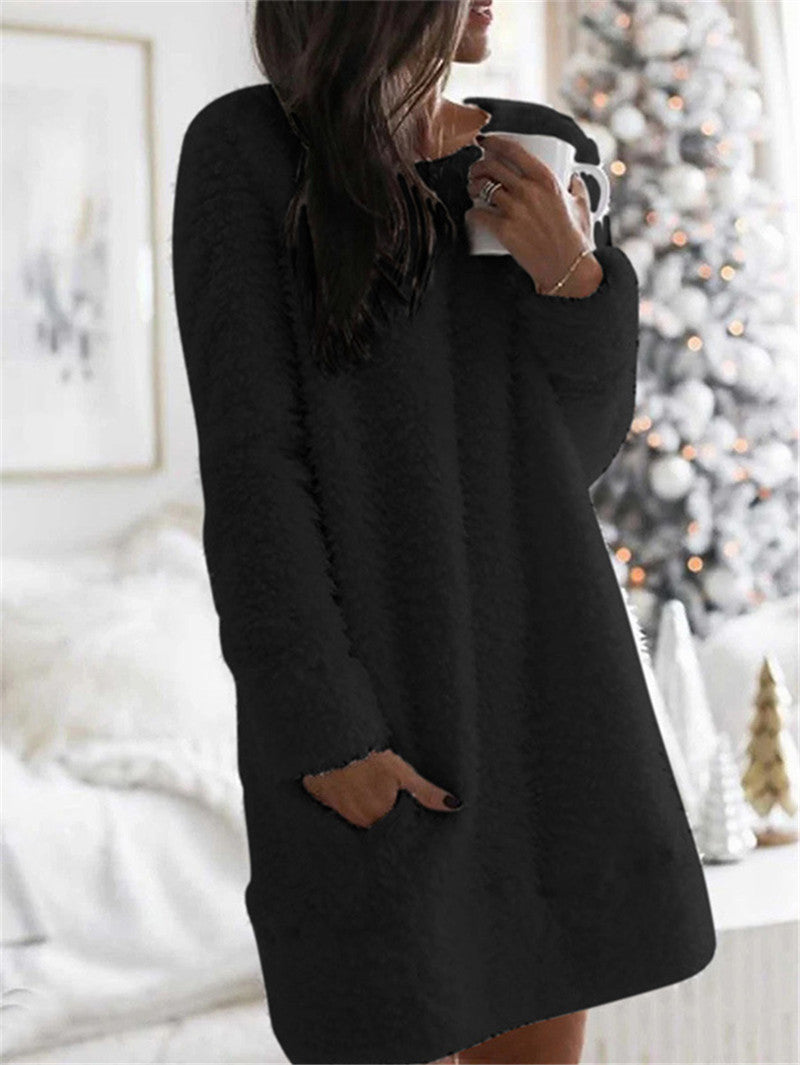 Volltonfarbe Rundhalsausschnitt Warmes Kleid