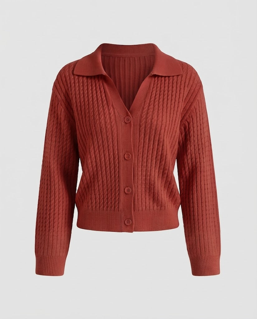 Damen Cropped Zopfstrick-Cardigan mit Hemdkragen und Ballonärmeln Nord Taschen