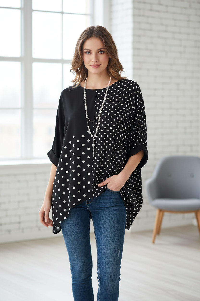 Damen Polka-Dots T-Shirt mit abgesetzten Schemata und modernem Schnitt