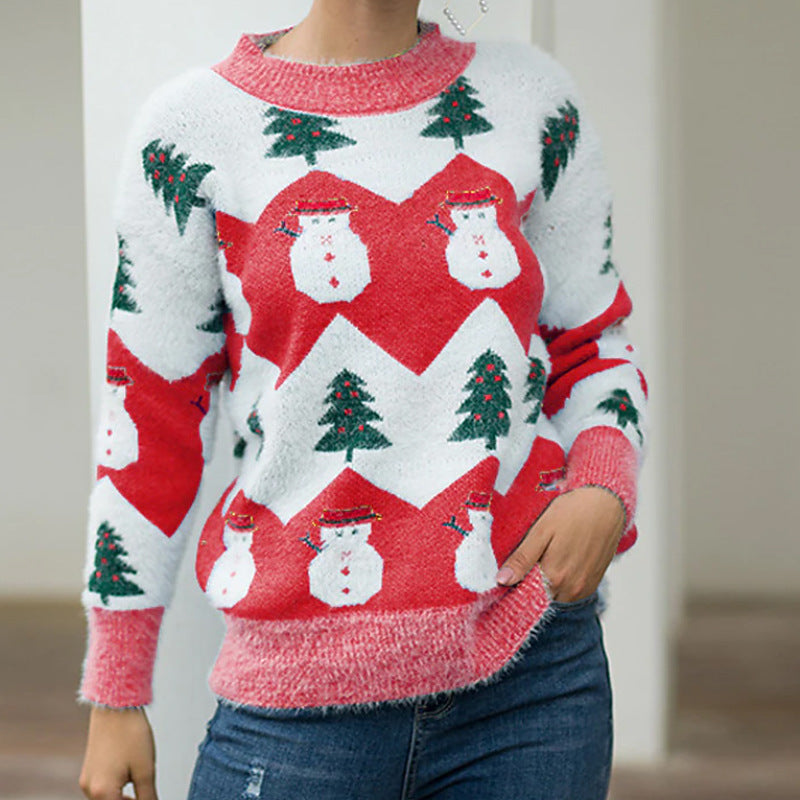 Damen-Strickpullover mit Rundhalsausschnitt und Schneemann-Motiv
