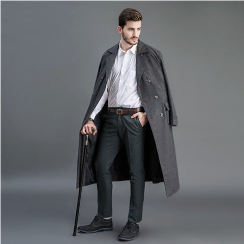 Herren Doppelreihiger Wollmantel mit Schalkragen und langer Silhouette Nord Taschen