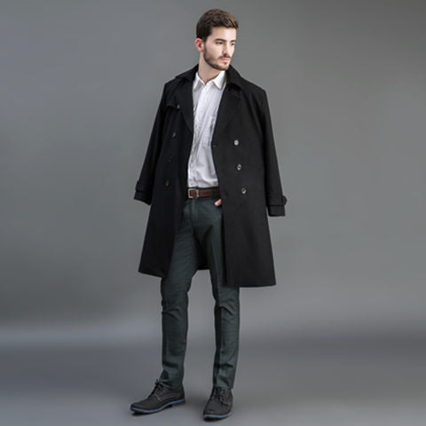 Herren Wollmantel im Trench-Look mit doppelter Knopfleiste und Schalkragen Nord Taschen